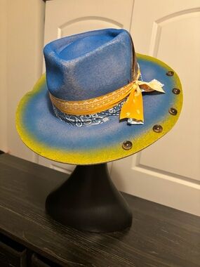 Blue and Yellow Felt Fedora with Bandana Trim